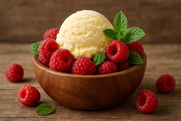 Creamy vanilla ice cream scooped with fresh raspberries and mint leaves