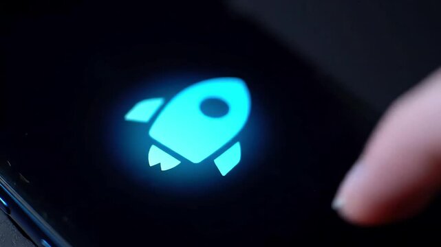 Finger taps glowing rocket on phone screen; dark background; app launch