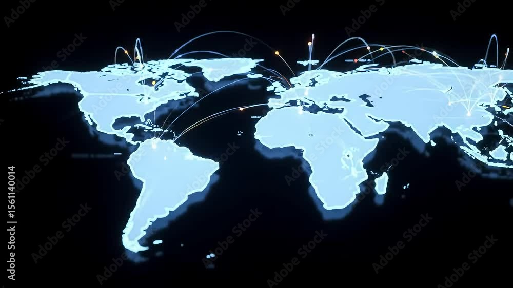 Poster global network connections illuminate world map, dark background, data visualization