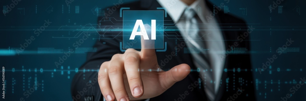 Aufkleber person interacting with a futuristic interface displaying ai.