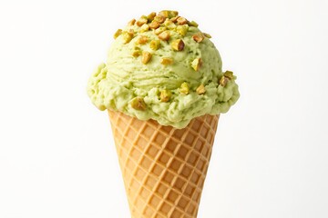 A delicious scoop of pistachio ice cream topped with chopped nuts in a waffle cone