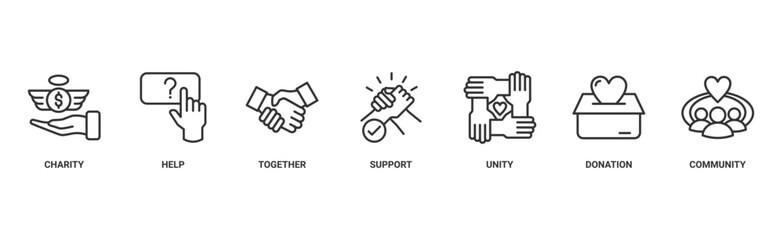 Volunteering banner web icon vector illustration concept for volunteer aid assistant with icon of charity, help, together, support, unity, donation, and community