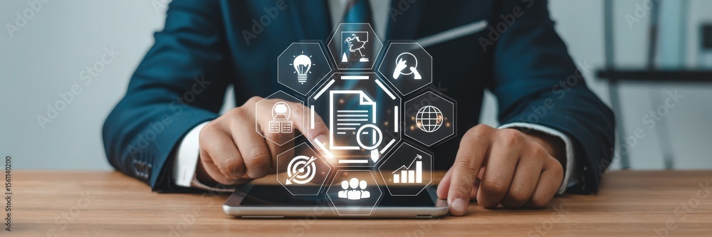 Poster businessman using a tablet with interactive interface.