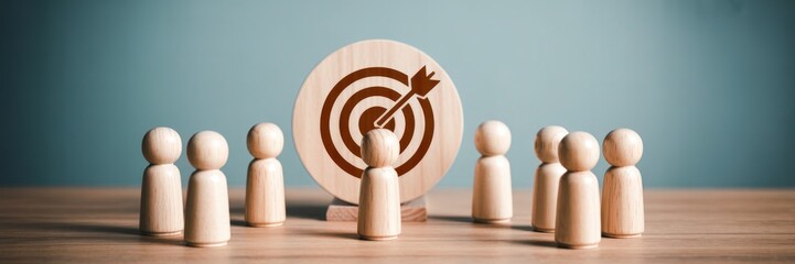 Wooden figurines and a target graphic.