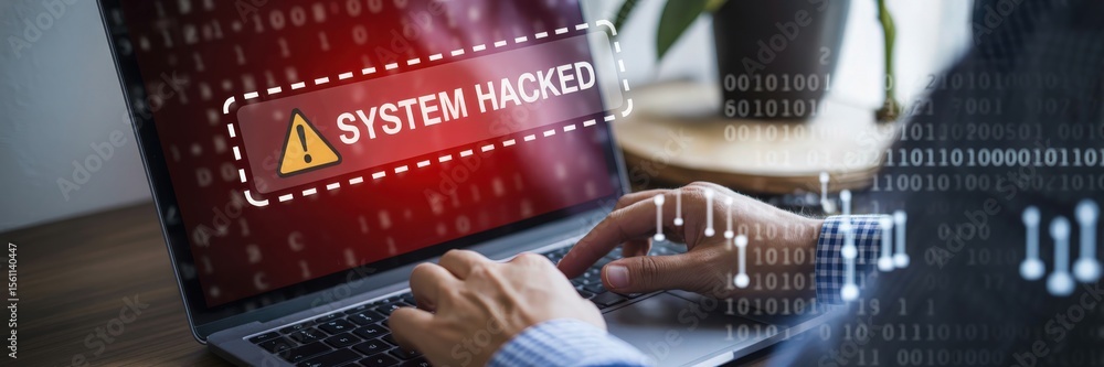 Poster laptop screen displaying a system hacked message.