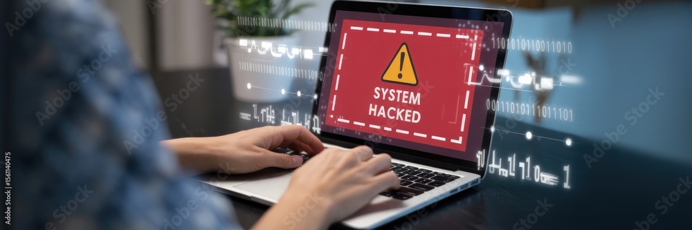 Poster person using a laptop displaying a system hacked message.