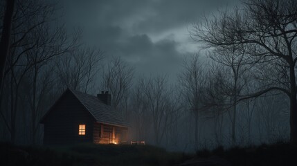 Lonely Wooden Cabin in Misty Forest at Dusk – Warm Light Glowing Through Window – Moody Trees and Atmospheric Twilight Scene