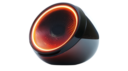 • A high-tech portable speaker with a futuristic design, isolated on white background in HD 
