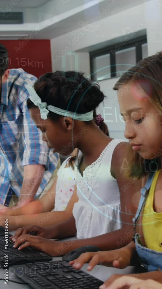 Poster animation of data processing over caucasian male teacher with diverse schoolchildren using computers