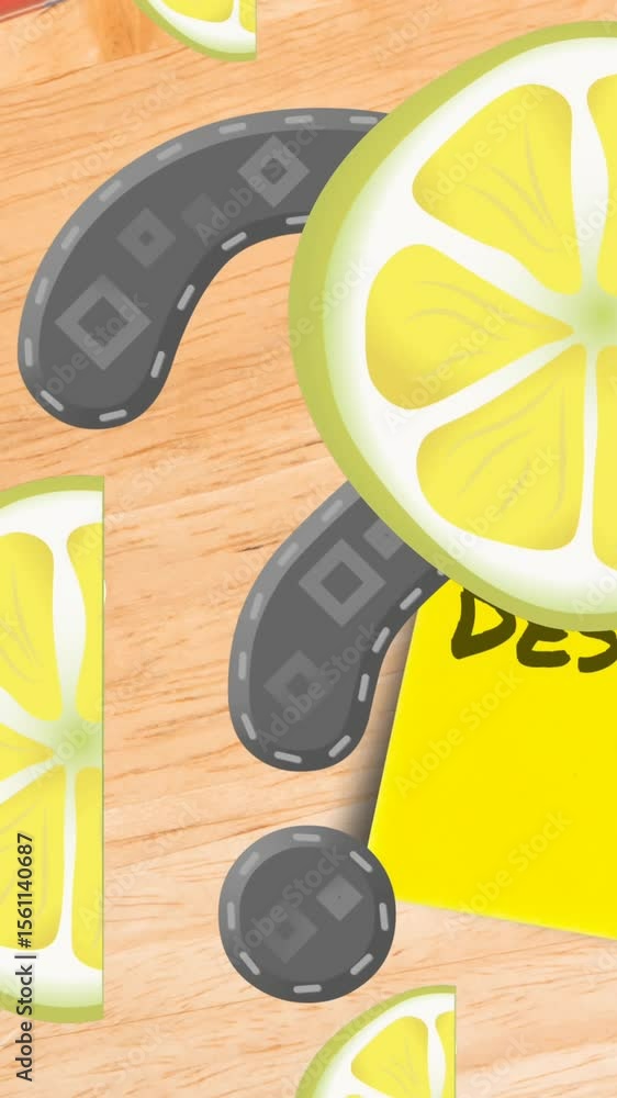 Poster animation of question mark and lemons over school items and keep your desk clean text