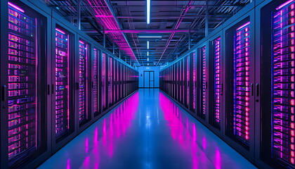 A long row of dark futuristic server cabinets