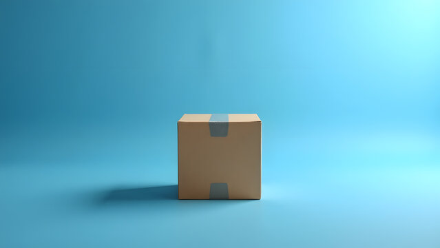 Delivery Box on Blue: A single, square cardboard box, sealed with tape, stands in the center against a gradient, evoking anticipation of delivery or the promise of a hidden gift. 