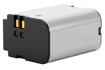 Silver and black rechargeable camera battery pack isolated on a transparent background