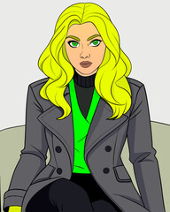 Glamorous young woman in a green dress smiling, with elegant hair and a beautiful face, showcasing fashion and style