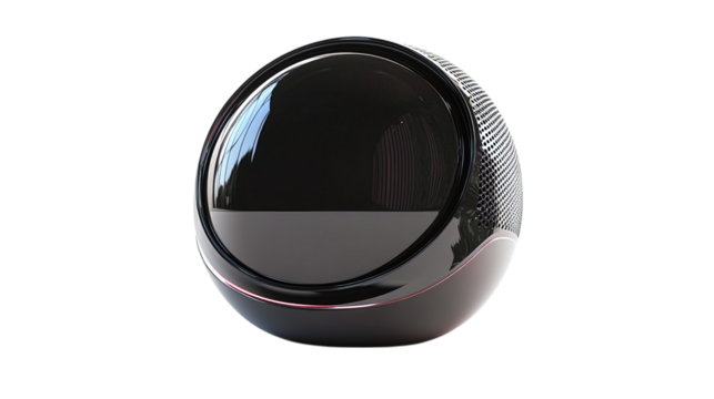 • A high-tech portable speaker with a futuristic design, isolated on white background in HD 