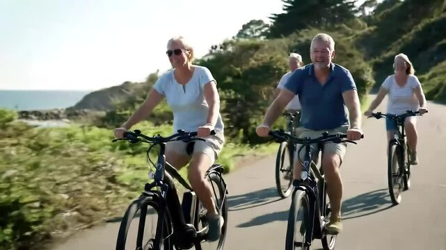 Happy seniors e-bike coastal ride, sunny day