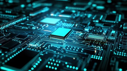 Macro Detail of a Computer Circuit Board with Vibrant Blue Elements