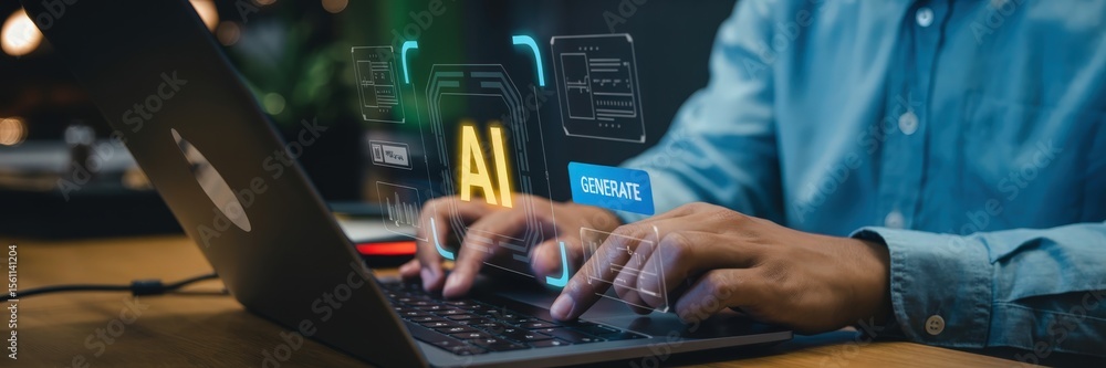 Poster person using a laptop with holographic artificial intelligence interface.