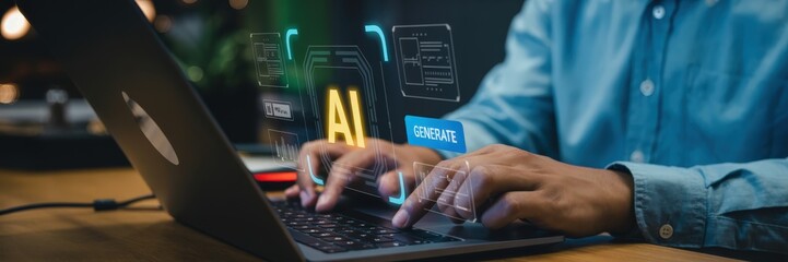 Person using a laptop with holographic artificial intelligence interface.
