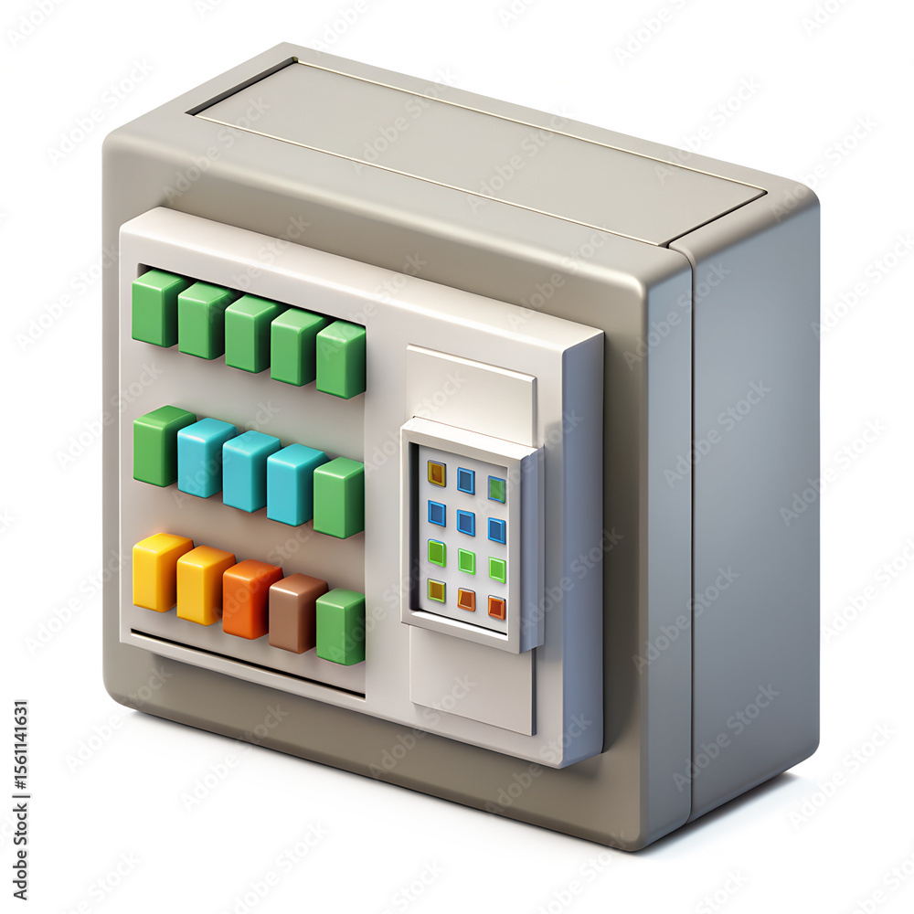 Poster a gray safe with colorful buttons isolated on transparent background