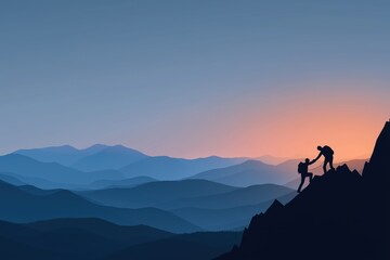 Climber Helping Partner on Mountain Silhouette – Sunrise Over Blue Layered Peaks – Teamwork Concept with Copy Space for Branding