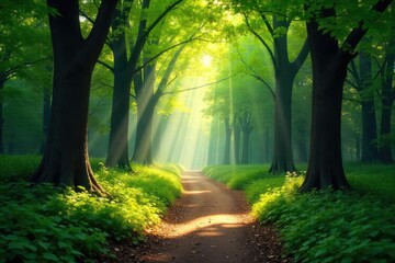 Sun-dappled forest path winds through lush green trees, sunlight filtering through leaves, creating a magical atmosphere Perfect for nature, travel, and fantasy themes , ecology, conifer, scenic