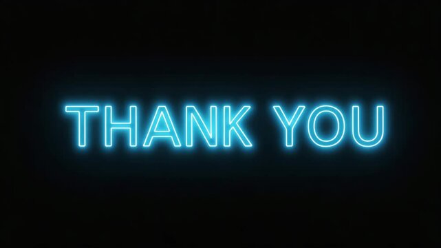 Bright neon &ldquo;THANK YOU&rdquo; flickering with digital glitch effects on a black background, emulating cyberpunk aesthetics.