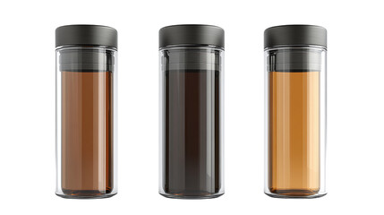 • A luxurious set of minimalist reusable travel bottles, isolated on white background in HD 