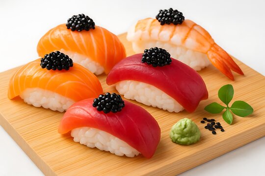 Assortment of nigiri sushi with salmon tuna shrimp and black caviar - Powered by Adobe