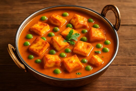 Delicious indian paneer and peas curry served in a traditional metal bowl