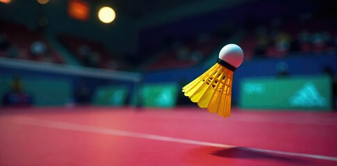 Action shot of a shuttlecock in mid-flight during a fast-paced shuttle racket game The blur suggests intense speed and dynamic movement, highlighting the energy of the sport , dynamic, focus