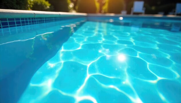 Sparkling blue swimming pool water shimmering under the summer sun, inviting and refreshing Perfect for summer relaxation and escape , sun, bright