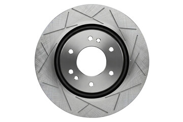 Performance automotive brake disc rotor with cooling slots isolated on a transparent background