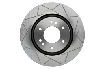 Performance automotive brake disc rotor with cooling slots isolated on a transparent background