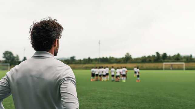 Soccer Coach Watching Players on Green Field – Leadership and Teamwork Concept – Copy Space for Training Message
