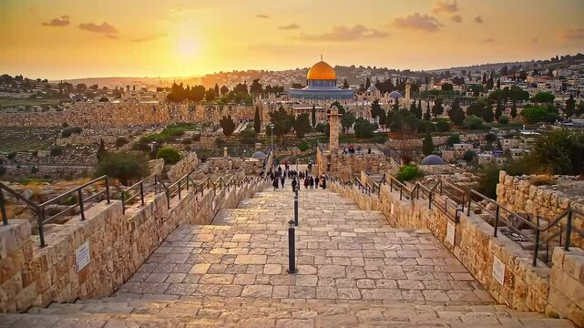 Sunset stone stairway to Dome of the Rock, Jerusalem