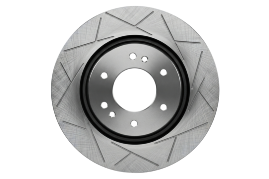 Performance automotive brake disc rotor with cooling slots isolated on a transparent background