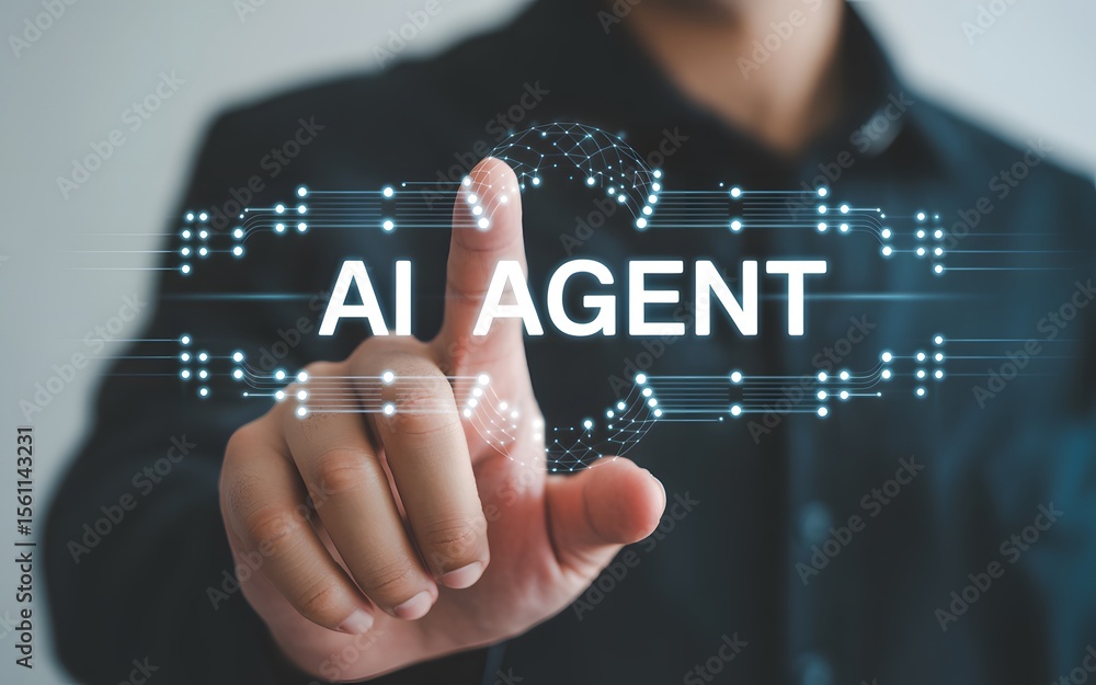 Poster a businessman's finger touching the ai agent word on a digital interface representing technological 