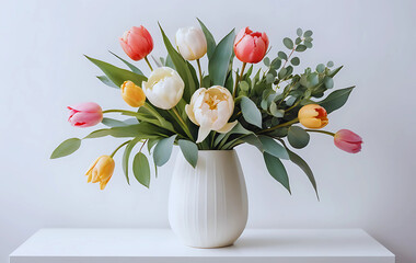 realistic photo of a floral arrangement with tulips, peonies, and eucalyptus in a modern white vase, minimalist background, bright daylight