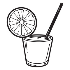 Black and white vector illustration of a lemonade drink with a straw and slice of citrus