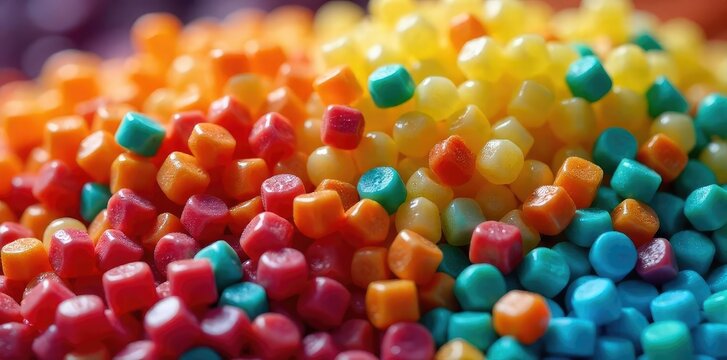 Close-up shot of colorful, recycled plastic pellets, ready for processing and transformation into new products Illustrates the circular economy and sustainable materials , environment, green