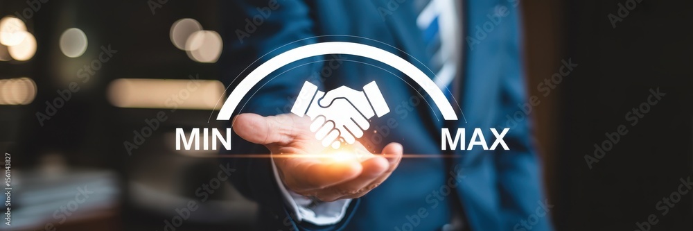 Aufkleber a hand displays a digital handshake graphic representing a range from minimum to maximum.