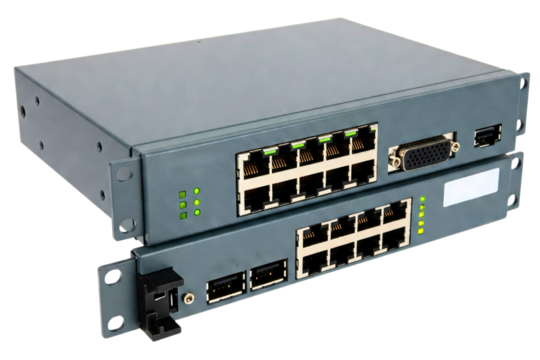 Two stacked industrial network switches for a server rack isolated on a transparent background