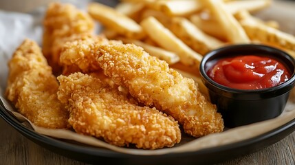 Crispy golden chicken tenders served with french fries and ketchup