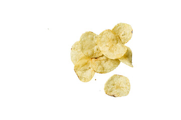 A pile of golden potato chips with a crispy texture isolated on transparent background