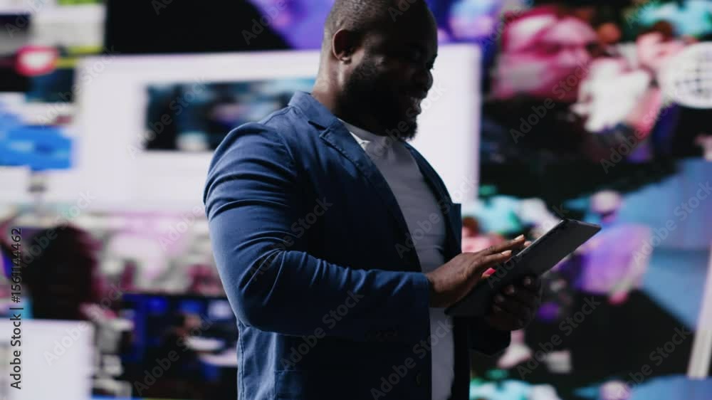 Poster african american digital creator interacting with high tech visuals and screens, illustrating cloud 