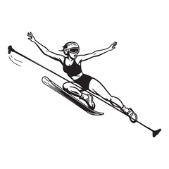 Fototapeta premium Dynamic black and white illustration of a female skier enjoying a downhill run