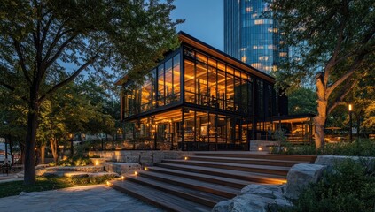 Modern glass-fronted building at dusk, nestled within a landscaped park.  Glass-enclosed, contemporary structure bathed in warm light, with wooden decking and stone landscaping.  Tall urban backdrop