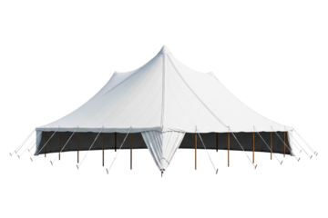 Large white outdoor event tent set up with ropes isolated on a transparent background