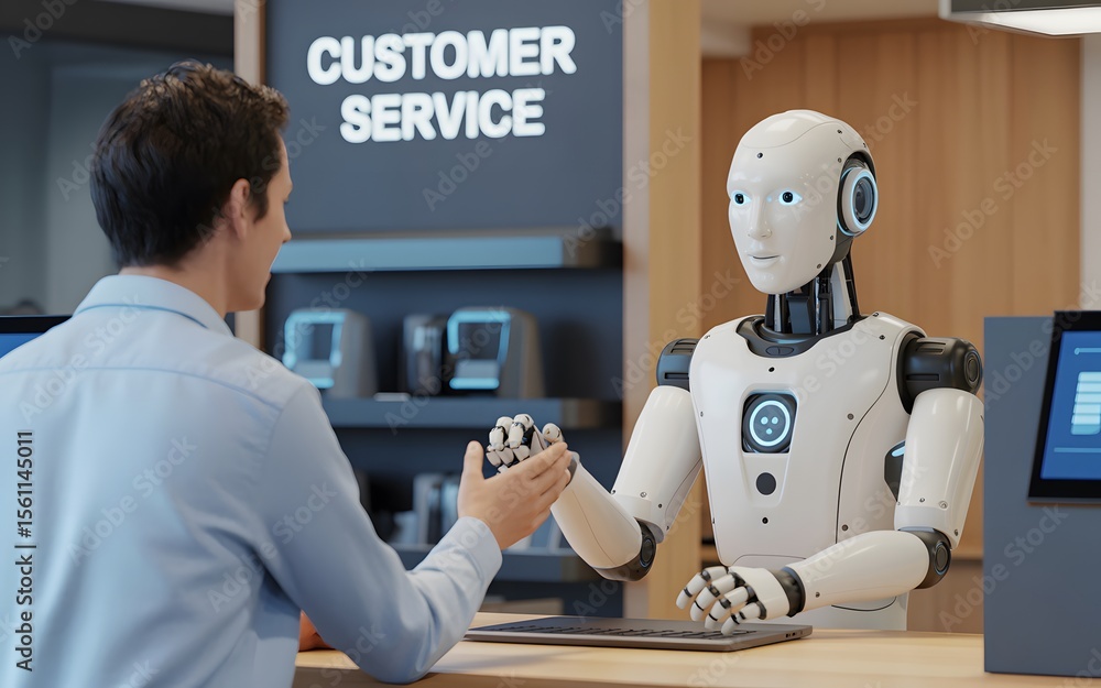 Poster customer interaction with a humanoid robot at a modern customer service desk in a futuristic office 